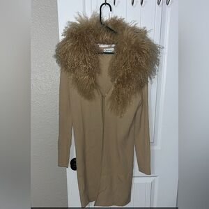 Tan Long Cardigan with Faux Fur Collar